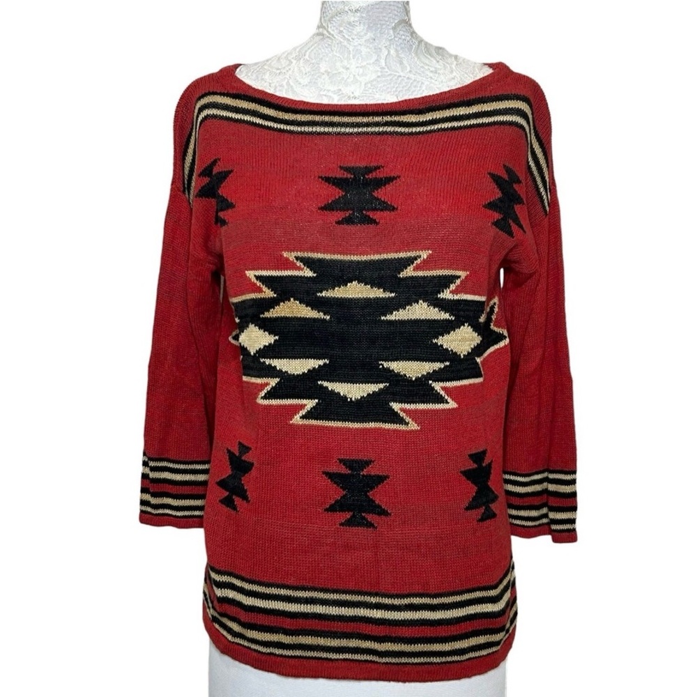 Chaps Western Linen & Cotton Blend 3/4 Sleeve Sweater Knit Red Women’s Small